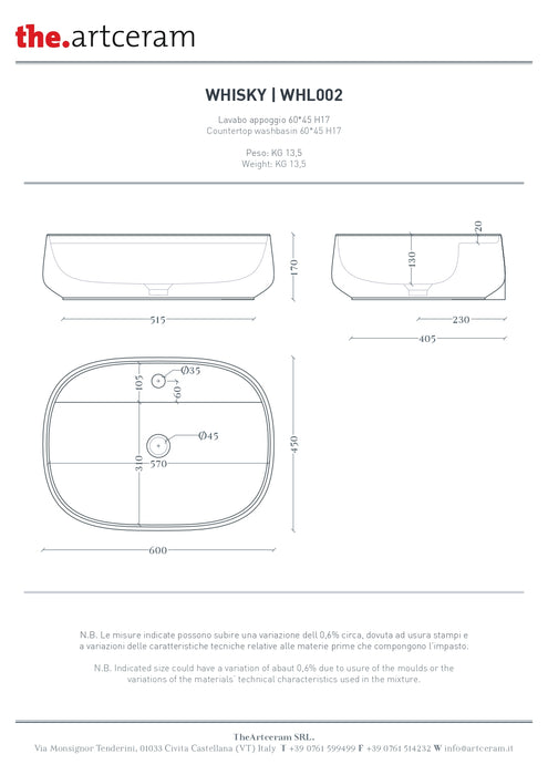 Lavoar Blat Whisky Artceram 60x45cm –whl002