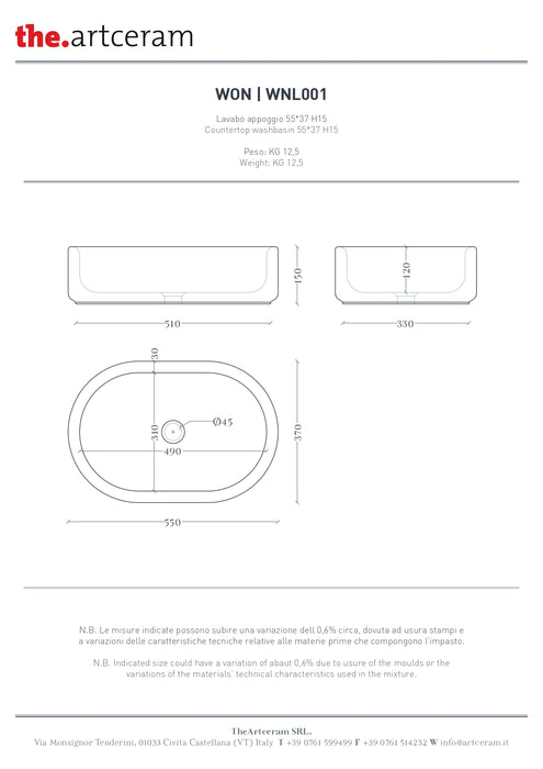 Lavoar Blat Wonder Artceram 55x37cm -wnl001