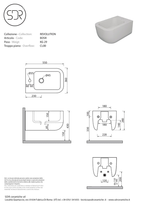 Bidet Suspendat Revolution SDR Ceramiche 36x53 cm - Made in Italy - Livin-Stone Solid Surface