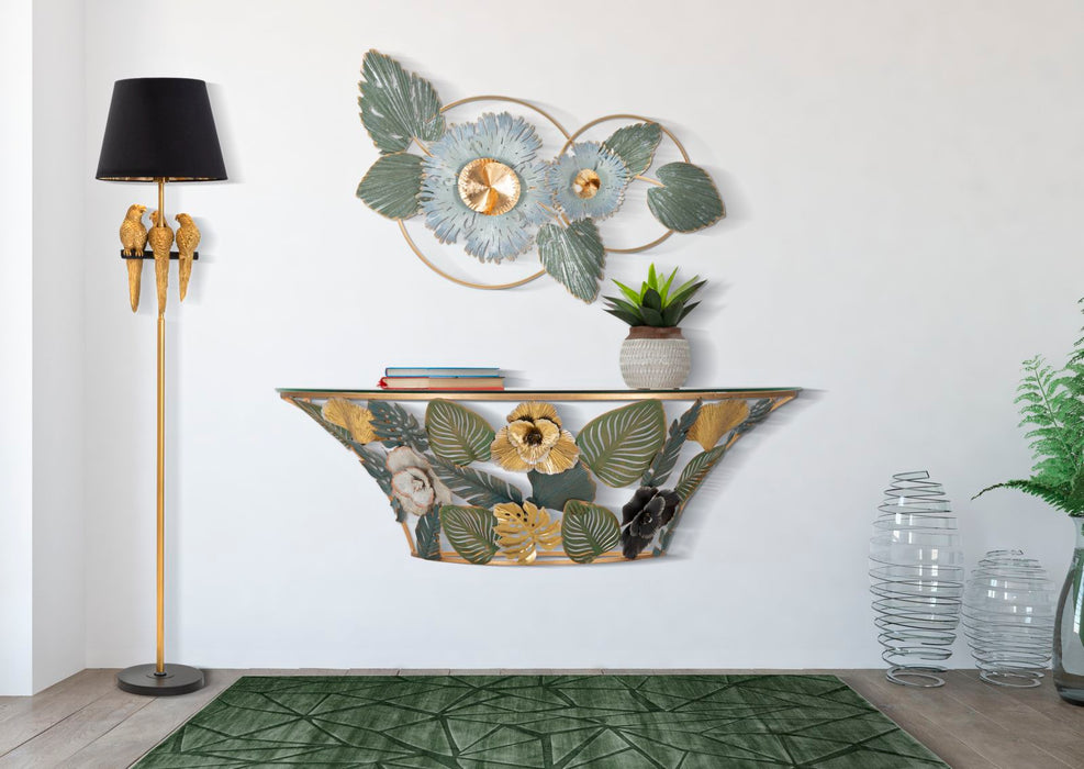Consolă de Perete Decorativă Amaz 120x40.5x37.2 cm - Design Glam cu Finisaj Auriu și Blat din Sticlă