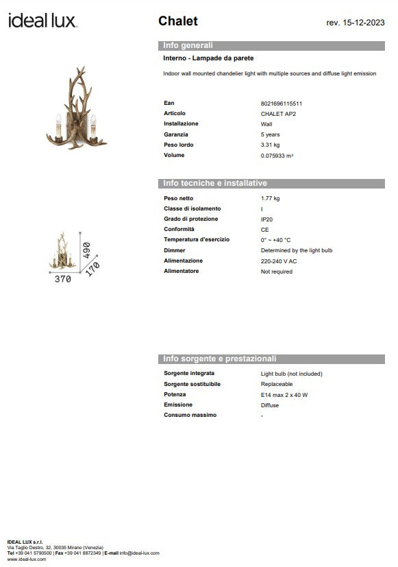 Aplica perete rustic dormitor /sufragerie chalet sp2  ideal lux made in Italy
