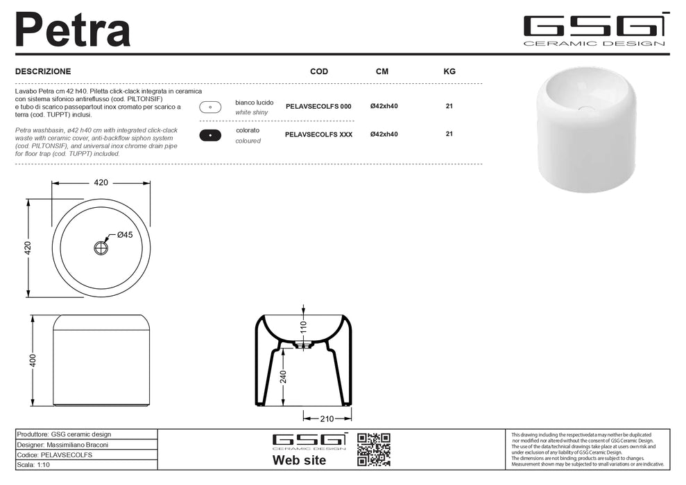 Lavoar Blat GSG Petra Colonna 42 cm – Tortora Satinato | Ceramică Made in Italy