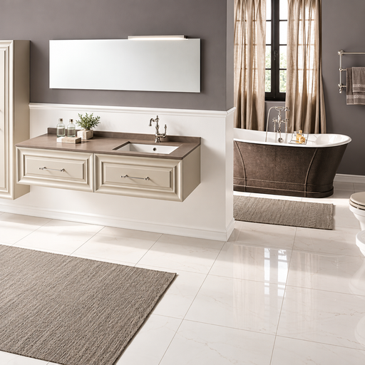 Mobilier de baie Alterego Gaia Mobili cu două sertare, oglindă și cadă într-o amenajare elegantă