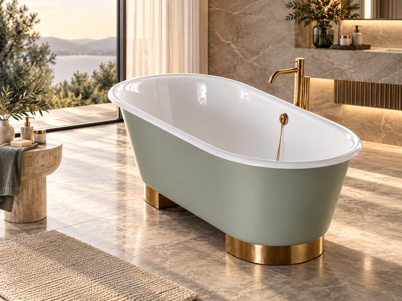 Cadă Collins Gaia Mobili verde salvie cu suporturi aurii într-o baie elegantă, fotografie de ambient