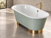 Cadă freestanding Collins Gaia Mobili, interior alb, exterior verde salvie și suporturi metalice aurii, prezentare produs