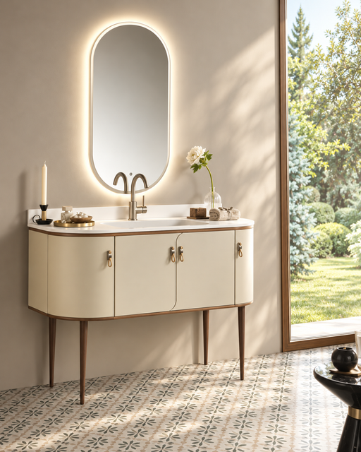 Mobilier baie Liberty 121x51 cm Gaia Mobili, finisaj crem, ambientare luminoasă cu oglindă