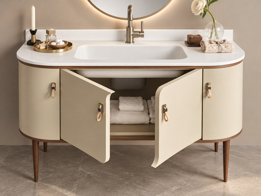 Mobilier baie Liberty Gaia Mobili cu ușile centrale deschise, prezentare spațiu de depozitare