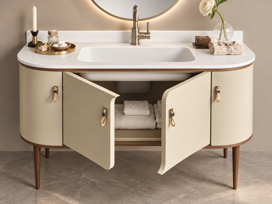 Mobilier baie Liberty Gaia Mobili cu ușile centrale deschise, prezentare spațiu de depozitare