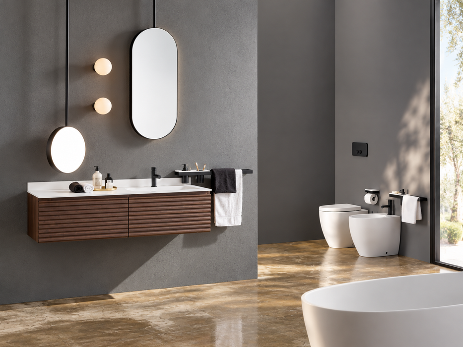 Amenajare de baie contemporană cu mobilier suspendat Gaia Mobili Mood 12 în finisaj Rovere Scuro Cotto
