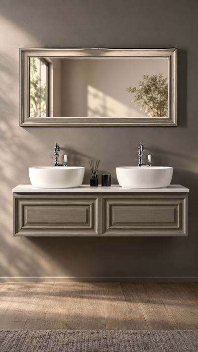 Compoziție alternativă de mobilier de baie Gaia Mobili, cu două lavoare pe blat și fronturi clasice gri