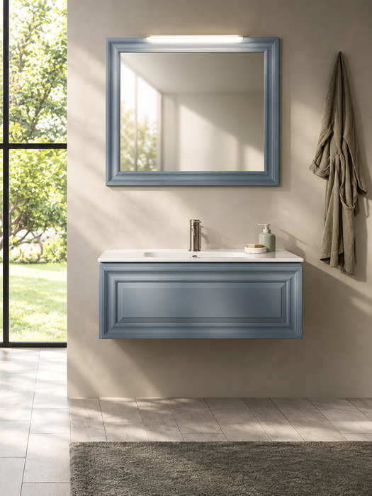 Mobilier baie suspendat Mood 5 Gaia Mobili, 106 × 51 cm, finisaj albastru-gri mat, lavoar alb și oglindă