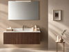 Mobilier baie suspendat Mood 8 Gaia Mobili, 106 × 51 cm, finisaj cu aspect de nuc și lavoar alb într-o baie elegantă