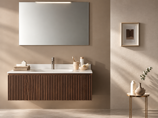 Mobilier baie suspendat Mood 8 Gaia Mobili, 106 × 51 cm, finisaj cu aspect de nuc și lavoar alb într-o baie elegantă