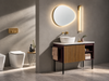 Mobilier de baie Gaia Mobili Mood 9 cu lamele verticale din lemn, lavoar pe blat și structură pe picioare, într-o baie contemporană