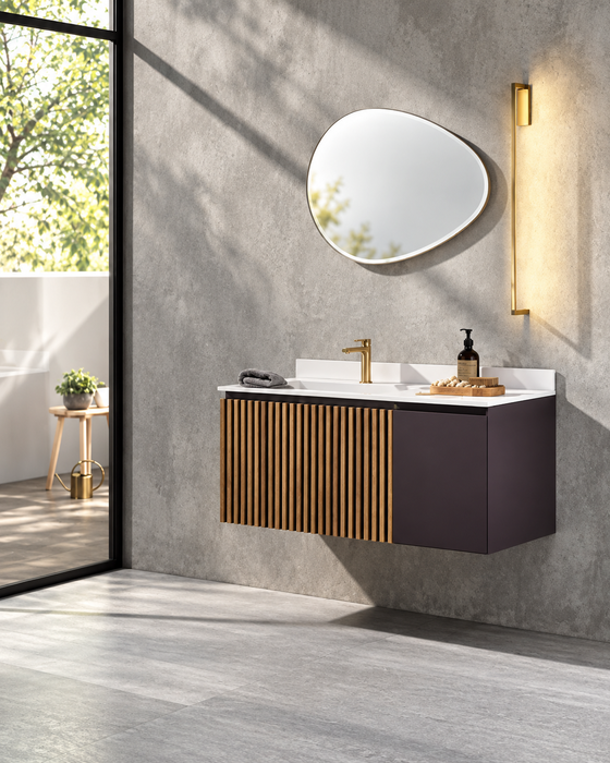Mobilier de baie suspendat Gaia Mobili Mood 9, 106 × 51 cm, fronturi cu lamele verticale din lemn și lavoar alb