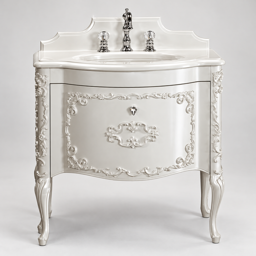 Mobilier de baie Murano 1 Gaia Mobili, vedere frontală, finisaj alb perlat lucios și lavoar din marmură