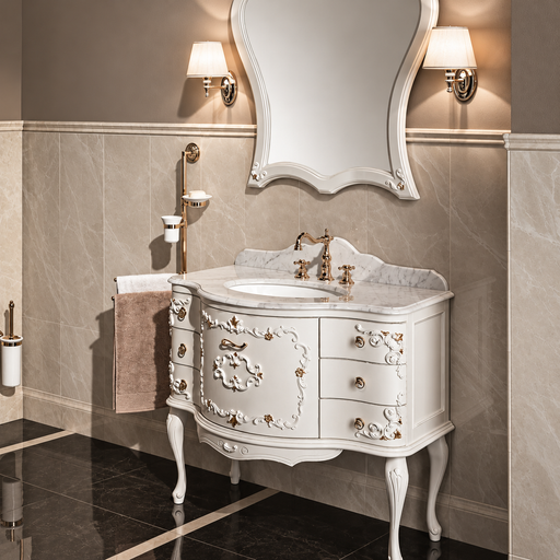 Mobilier baie Murano 2 Gaia Mobili cu blat de marmură într-o baie clasică elegantă, cu oglindă și aplice decorative