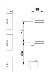 Desen tehnic cu cote – Baterie duș termostatică încastrată Kea cu 2 ieșiri, plăci separate