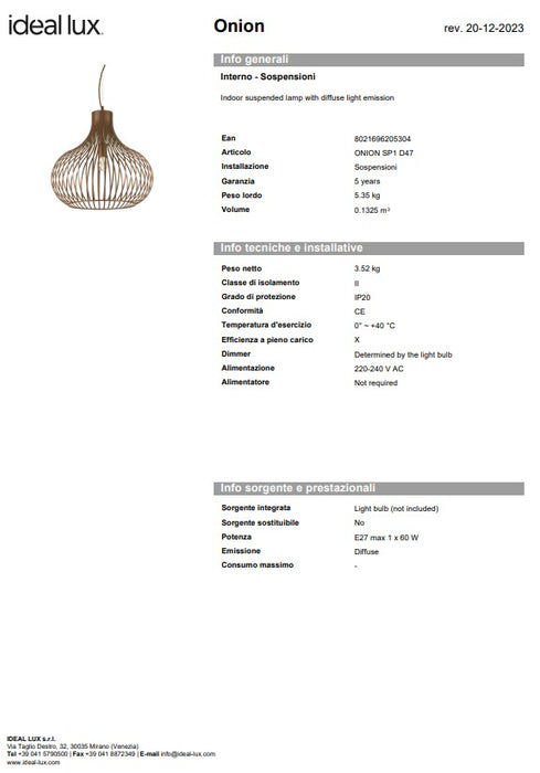 Pendul onion sp1 d47 ideal lux made in Italy
