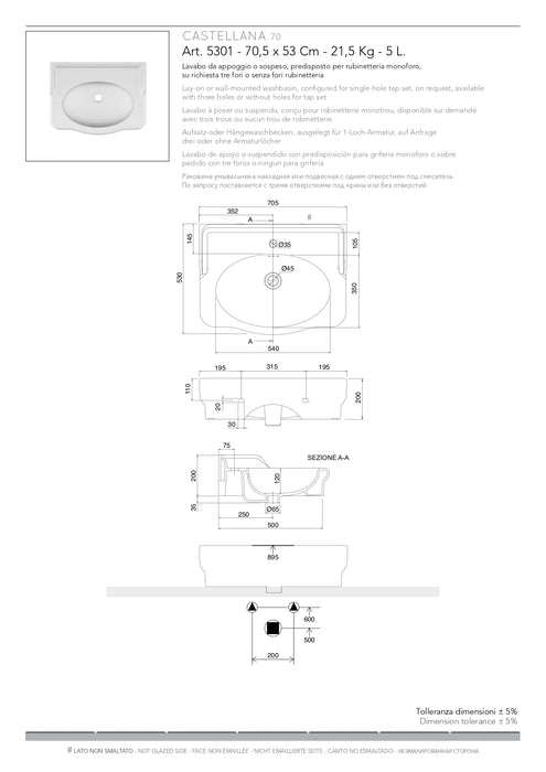 Lavoar cu Piedestal Castellana Scarabeo 70×53 cm – Made in Italy