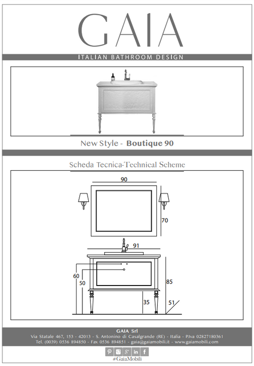 Schiță tehnică a mobilierului de baie Boutique 90 Gaia Mobili, cu dimensiunile de referință 91 × 51 cm