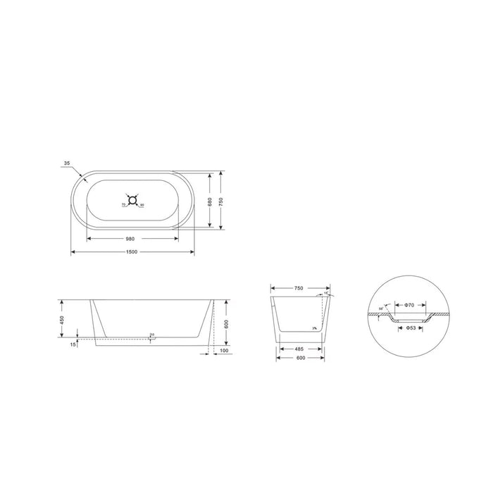 Cadă Freestanding Esir 150x75 cm – Acril Sanitar Alb Premium