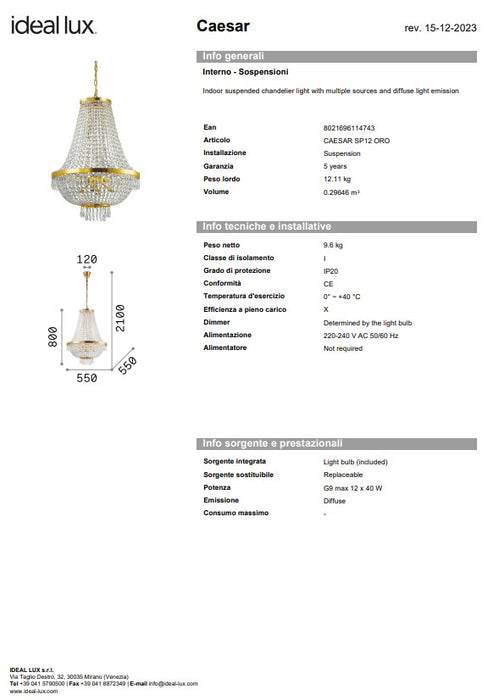 Candelabru clasic caesar sp12 ideal lux made in Italy