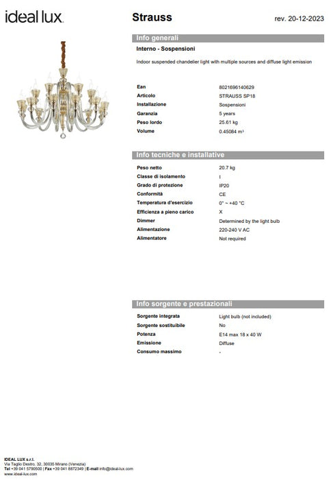 Candelabru in stil clasic  strauss sp18 18 brate ideal lux made in Italy