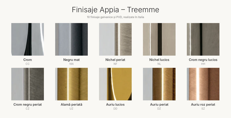 Paleta de finisaje Treemme: crom, negru mat, nichel, crom negru, auriu și auriu roz