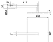 Desen tehnic cu cote – Pară de duș dreptunghiulară anticalcar Treemme, 360 × 260 mm