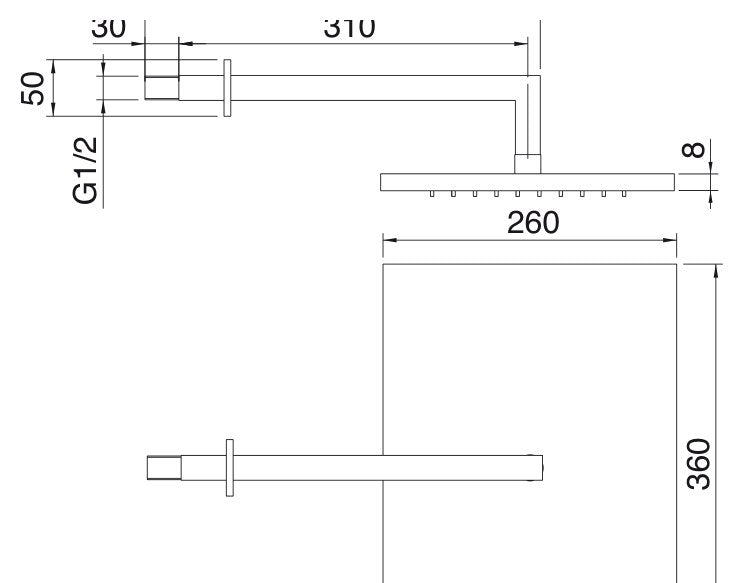Desen tehnic cu cote – Pară de duș dreptunghiulară anticalcar Treemme, 360 × 260 mm