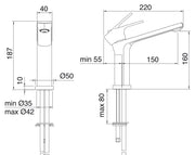 Desen tehnic cu cote – Baterie lavoar Bamboo monocomandă