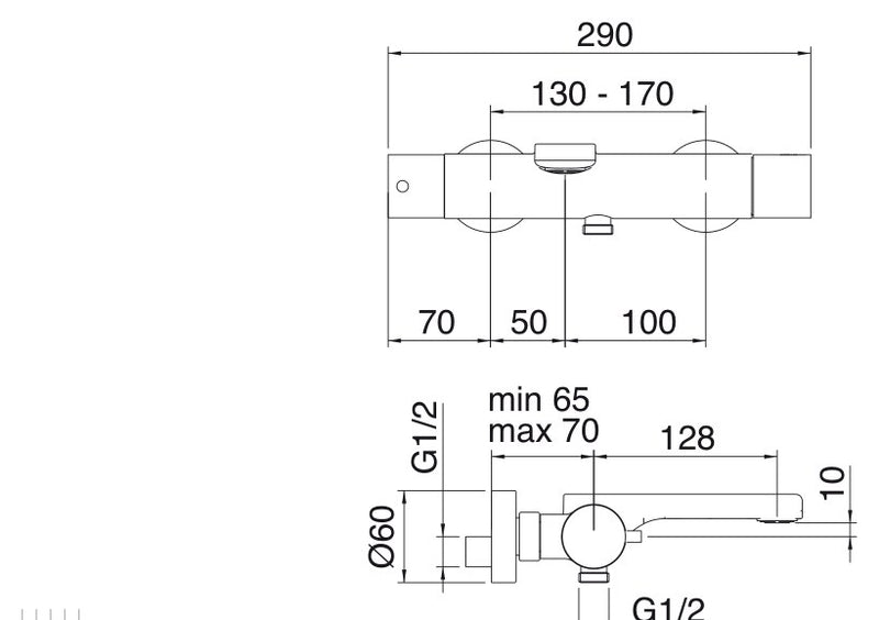 Desen tehnic cu cote – Baterie cadă Bamboo de perete, aparentă