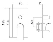 Desen tehnic cu cote – Baterie cadă/duș Bamboo încastrată cu comutator