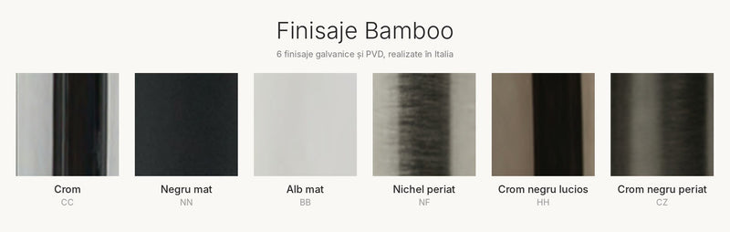 Paleta de finisaje Treemme: crom, negru mat, alb mat, nichel periat și crom negru