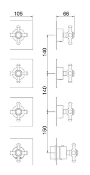 Desen tehnic cu cote – Baterie termostatică încastrată Old Italy cu 3 ieșiri, plăci separate