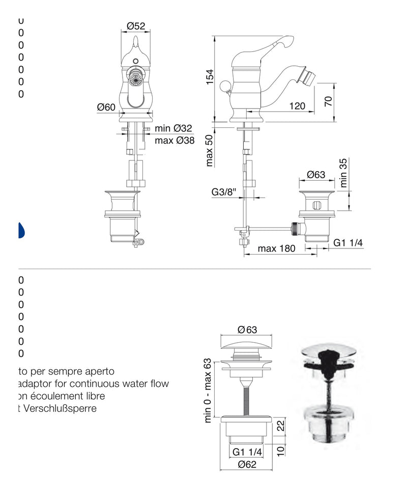 Desen tehnic cu cote – Baterie bideu Piccadilly monocomandă
