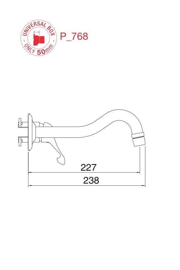 Desen tehnic cu cote – Baterie lavoar Piccadilly încastrată, pipă 227 mm