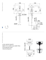 Desen tehnic cu cote – Baterie bideu Romantica cu 2 mânere, montaj pe o gaură