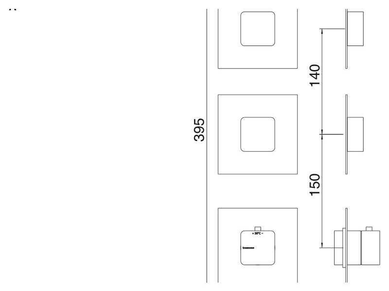 Desen tehnic cu cote – Baterie duș termostatică Hask încastrată, plăci separate, 2 sau 3 ieșiri