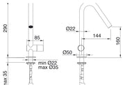 Desen tehnic cu cote – Baterie lavoar 22mm din inox, monocomandă