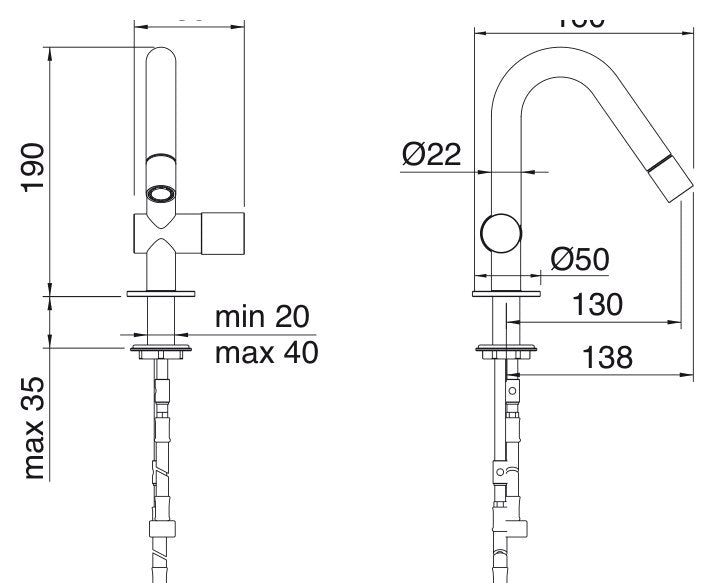Desen tehnic cu cote – Baterie bideu 22mm din inox