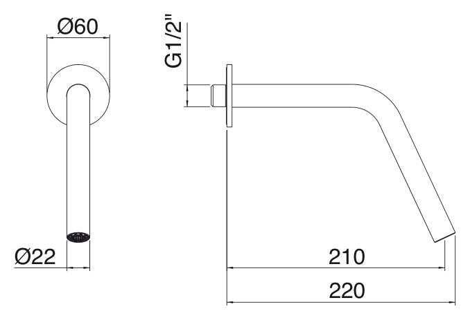 Desen tehnic cu cote – Pipă 22mm din inox pentru lavoar sau cadă