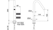 Desen tehnic cu cote – Baterie lavoar 22mm din inox, cu două butoane zimțate
