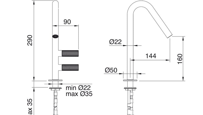 Desen tehnic cu cote – Baterie lavoar 22mm din inox, cu două butoane zimțate
