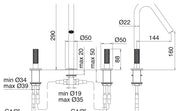 Desen tehnic cu cote – Baterie lavoar 22mm din inox, 3 găuri