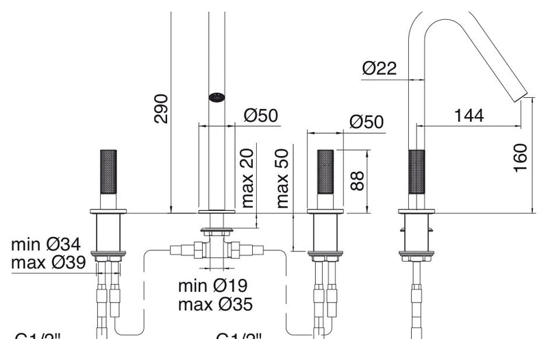 Desen tehnic cu cote – Baterie lavoar 22mm din inox, 3 găuri