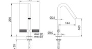 Desen tehnic cu cote – Baterie lavoar 22mm din inox, cu două mânere în cruce