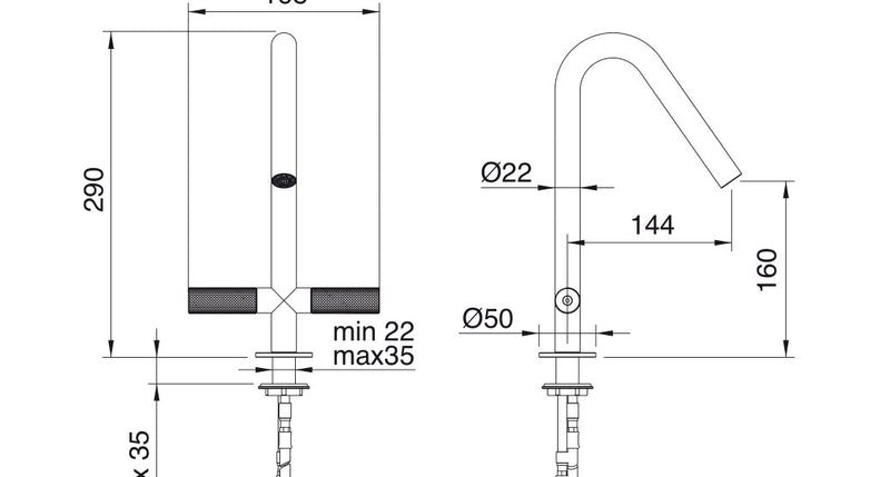Desen tehnic cu cote – Baterie lavoar 22mm din inox, cu două mânere în cruce