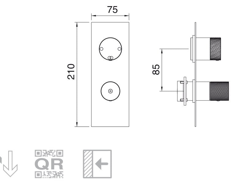 Desen tehnic cu cote – Baterie de duș 22mm încastrată, monocomandă, cu comutator